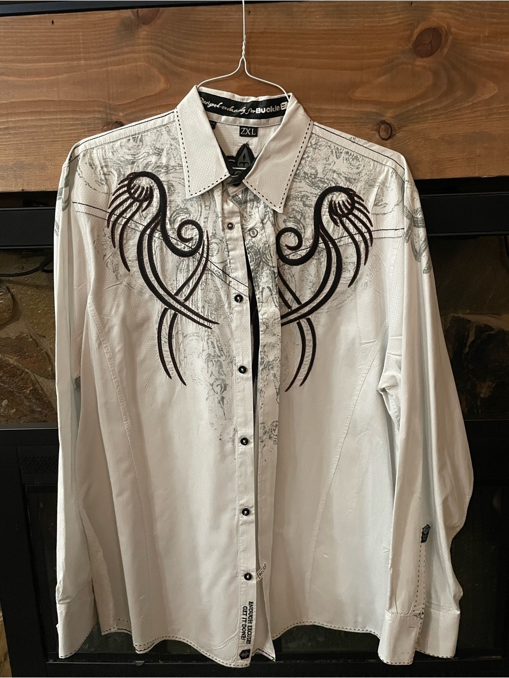 Buckle White Men's Button-Up Shirt with Black Embroidered Chest Design